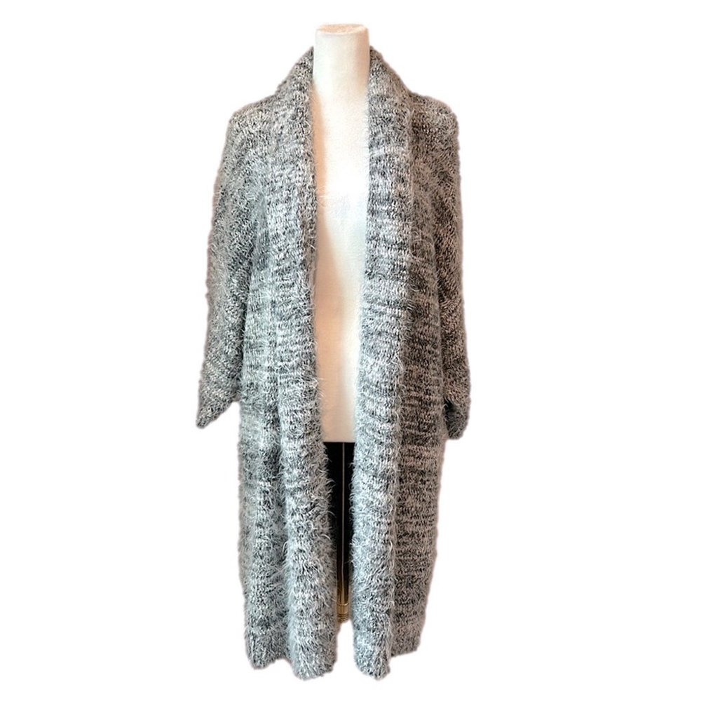 LEITH Long Oversized Open Front Knit Fuzzy Gray Cardigan Sweater Small